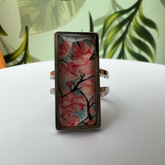 Floral Retro Rectangular Statement Rings, Cottagecore Flower Rings - Picture 5 of 16
